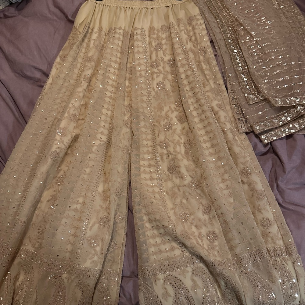 Embroidered Sequin Wide-Leg Palazzo Pants - Champagne